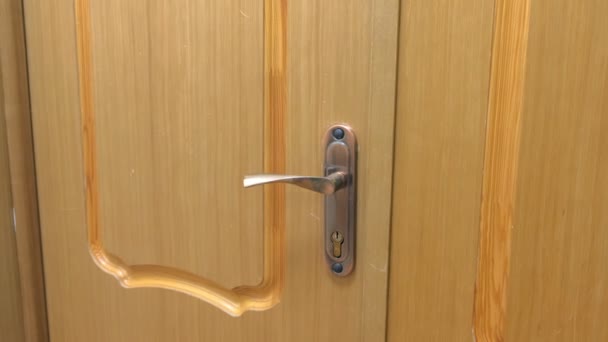 손잡이와 자물쇠가있는 나무 문, 클로즈업 보기. — 비디오