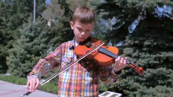 Portrait of child boy is playing the violin standing in park. — Stock Video
