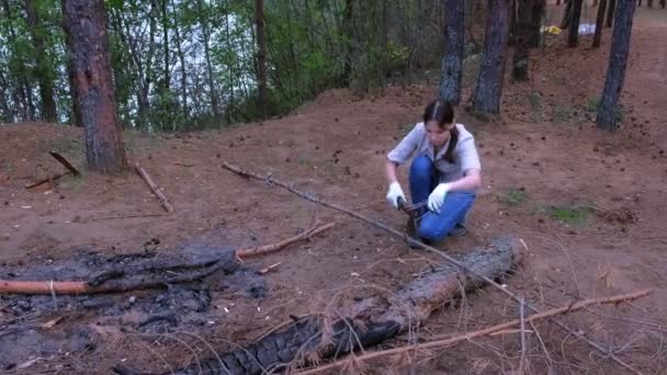 Jeune femme dans le camping forestier coupe des branches d'arbre avec une hache pour le bois de chauffage . — Video