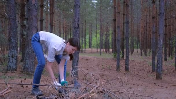 在林子里露营的年轻妇女用斧头砍树的枝条当柴火. — 图库视频影像