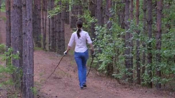 Mulher carrega árvores derrubadas para um acampamento de olheiros florestais para lenha . — Vídeo de Stock