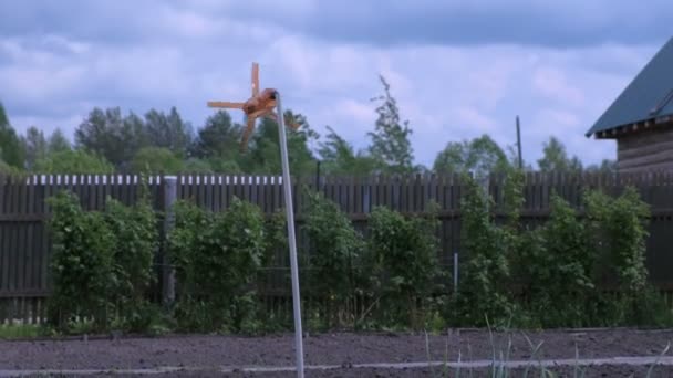 Hemmagjord fågel repeller från en plastflaska ser ut som respirator i trädgården. — Stockvideo