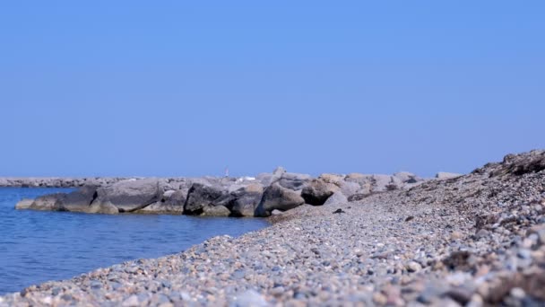 Морський кам'яний пляж в сонячний день з чистим небом . — стокове відео