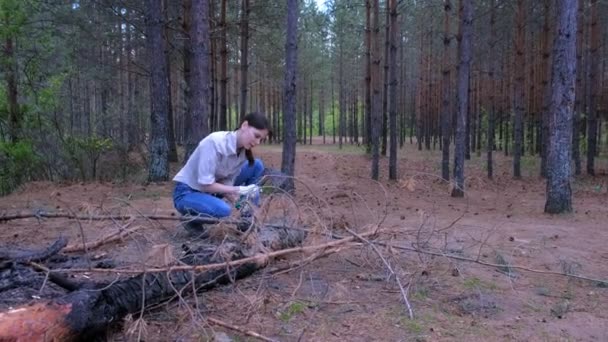 在森林露营的年轻妇女用斧头砍树树干当柴火. — 图库视频影像