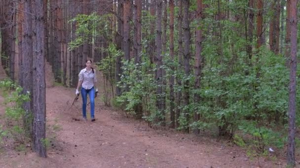 La mujer lleva árboles talados a un campamento de exploradores forestales para buscar leña . — Vídeo de stock