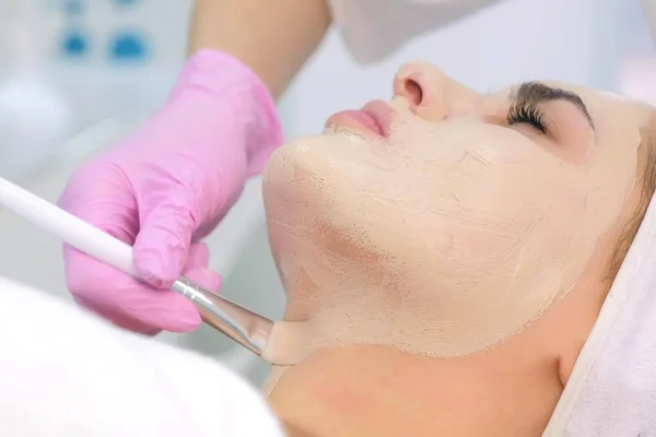 Cosmetoloog toepassen van masker op vrouw client gezicht en nek in schoonheidskliniek. — Stockfoto
