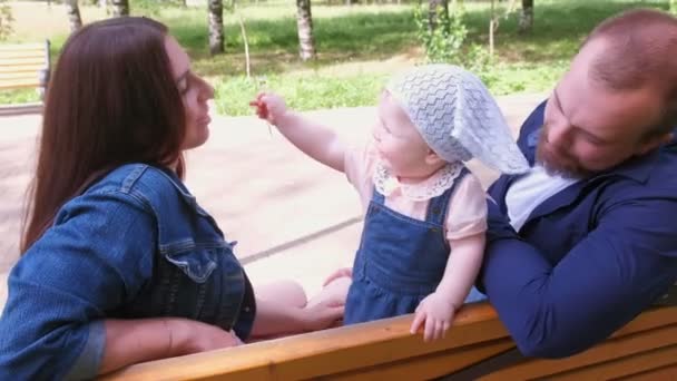 Familienmama und -papa sitzen und spielen mit Baby auf Bank im Stadtpark. — Stockvideo