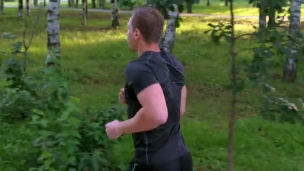 Mladý sportovec běhá v městském parku v letní slunečný den, pohled zezadu. — Stock video