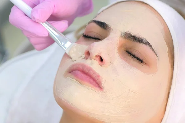 Cosmetólogo aplicando mascarilla para el cuidado de la piel en la cara del cliente mujer en clínica de belleza . —  Fotos de Stock