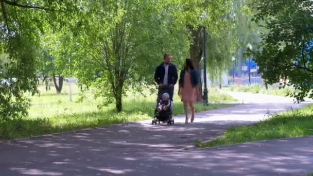 Молода щаслива сім'я з маленькою дівчинкою в колясці гуляє в парку влітку . — стокове відео