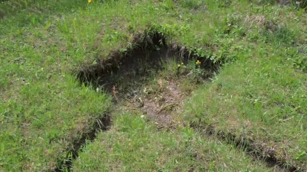 Pozzi con fossati nel terreno per drenare l'acqua sulla trama in giardino . — Video Stock