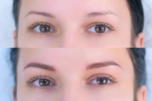 Eye of young woman before and after lash laminating and painting eyebrows. Royalty Free Stock Images