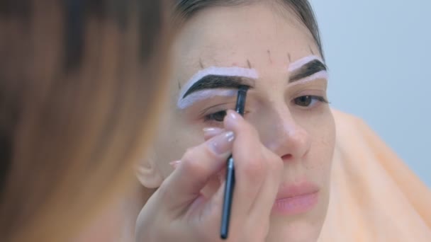 Estetista tintura sopracciglia donna applicando pennello marrone uso della vernice, primo piano viso . — Video Stock