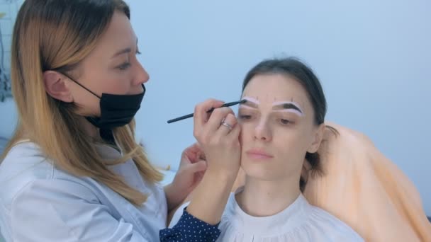 Esteticista está colorindo sobrancelhas de mulher com tinta marrom na clínica de beleza . — Vídeo de Stock