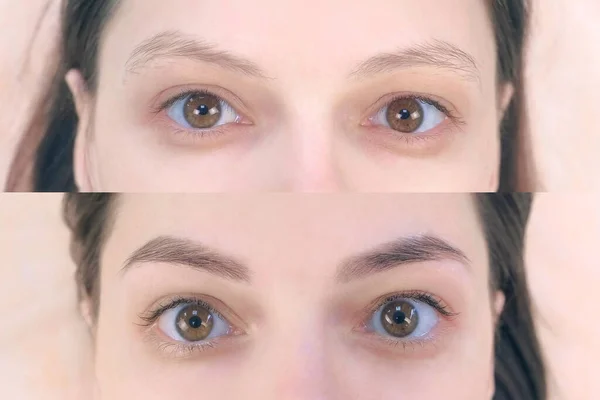 Portrait woman before and after tinting eyebrows looking at camera in cosmetology clinic.
