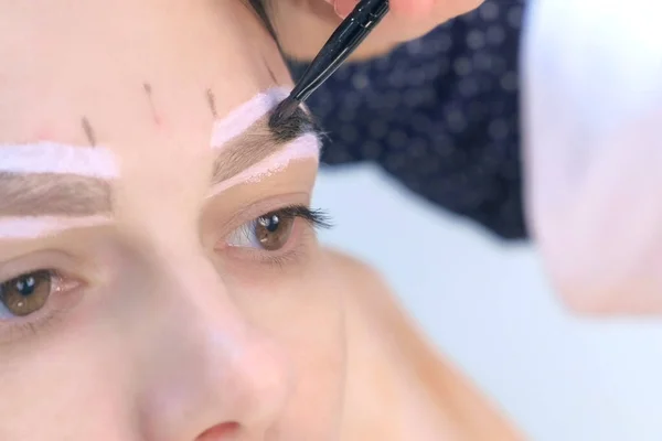 Cosmetologist is tinting woman eyebrows with paint in beauty clinic, closeup. — Stok fotoğraf