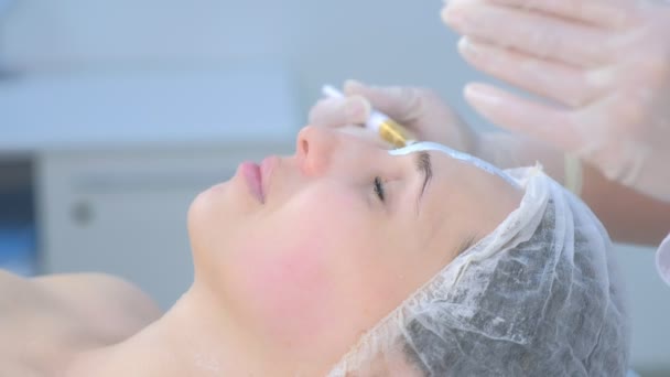 Cosmetólogo aplicando mascarilla humectante facial en la cara de la mujer usando cepillo . — Vídeos de Stock