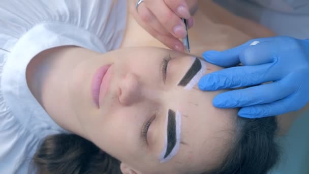Beautician plucking eyebrows with tweezers to woman face in beauty salon. — 图库视频影像