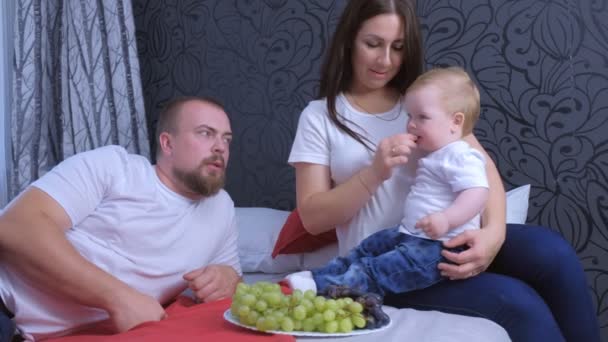 Familienmama, Papa und Baby essen zu Hause im Bett gemeinsam Weintrauben. — Stockvideo