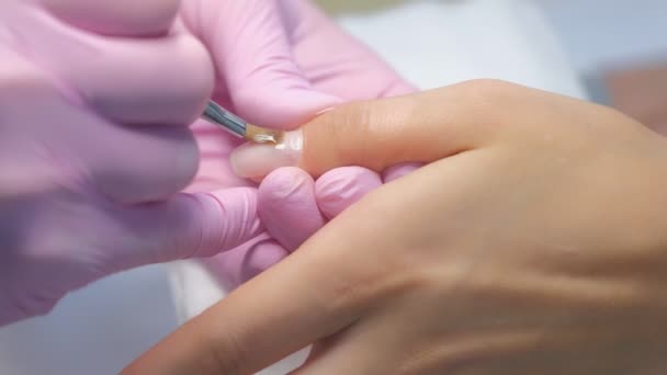 Mestre manicure é pintar unhas gel goma laca usando escova na clínica de beleza. — Vídeo de Stock
