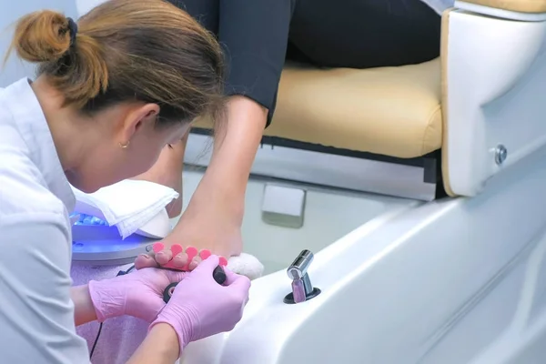 Pedicurist master is covering painting clients toes nails shellac, back view. — Stockfoto