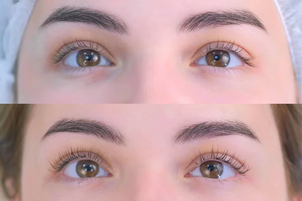 Womans lashes after and before beauty procedure of eyelash lifting and laminating, closeup