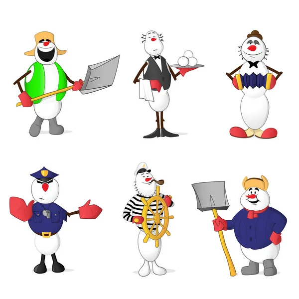 Set of Snowmen professions yardman with shovel, waiter with snowballs, clown, policeman, sailor with pipe and wheel — Stock Vector