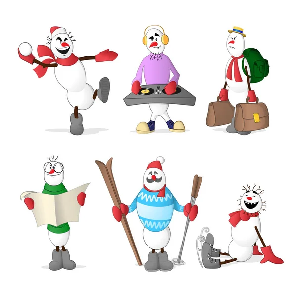 Conjunto de Profesiones de muñecos de nieve lanzando bolas de nieve, DJ, esquí, lectura de periódicos, patinaje artístico y compras — Vector de stock