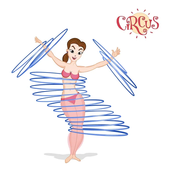 Una chica de circo girando hulahoops — Vector de stock