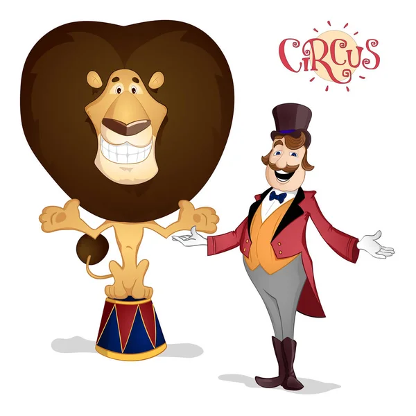 El domador del circo y el león posando — Vector de stock