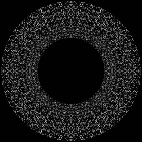 矢量抽象银环形镂空花纹。与几何命令的波浪模式。上一个黑色的背景的亮银色，闪亮的金属闪烁. — 图库矢量图片
