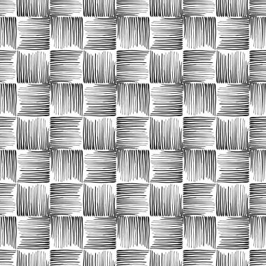 Grunge satırının seamless modeli. Kumaş dokusuna styling, dokuma halı. Siyah-beyaz desen. Vektör.