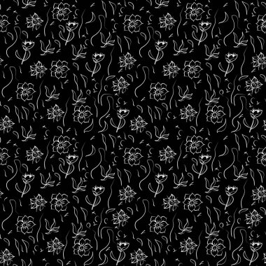Soyut siyah beyaz doğal süs. Stilize çiçek ve yaprakları. Vektör.