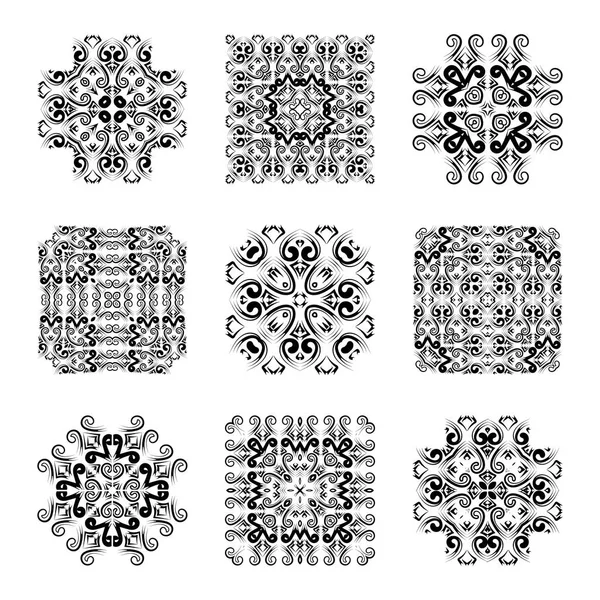 透かし彫りのパターンを作成するための 9 項目と実行のデザイン作品のセット。白の背景に黒のパターン。ベクトル — ストックベクタ