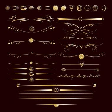 Set of gold dividers. Abstract curly headers, design element set. Golden design elements on the black background. Luxury style calligraphic. Vector illustration. clipart