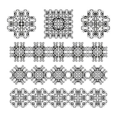 Ajur desen oluşturmak için 9 bileşen ve yürütme tasarım kümesi çalışır. Beyaz bir arka plan üzerinde siyah desen. Vektör