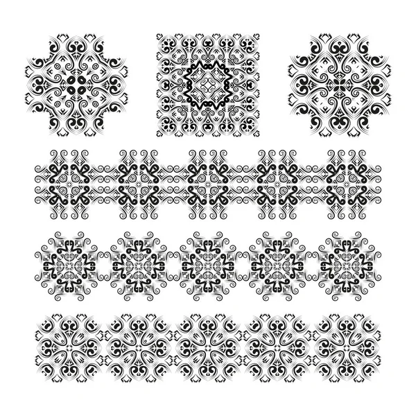 Ajur desen oluşturmak için 9 bileşen ve yürütme tasarım kümesi çalışır. Beyaz bir arka plan üzerinde siyah desen. Vektör
