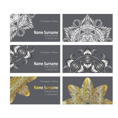 Kartvizit tasarım kümesi. 6 kartları etnik tarzda. Görüntü dairesel desen, stilize mandala.