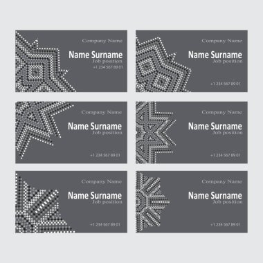 Kartvizit tasarım kümesi. 6 kartları etnik tarzda. Görüntü dairesel desen, stilize mandala.