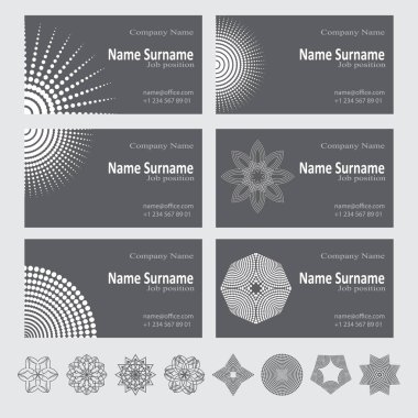 Kartvizit tasarım kümesi. 6 kartları etnik tarzda. Görüntü dairesel desen, stilize mandala.