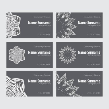 Kartvizit tasarım kümesi. 6 kartları etnik tarzda. Görüntü dairesel desen, stilize mandala.