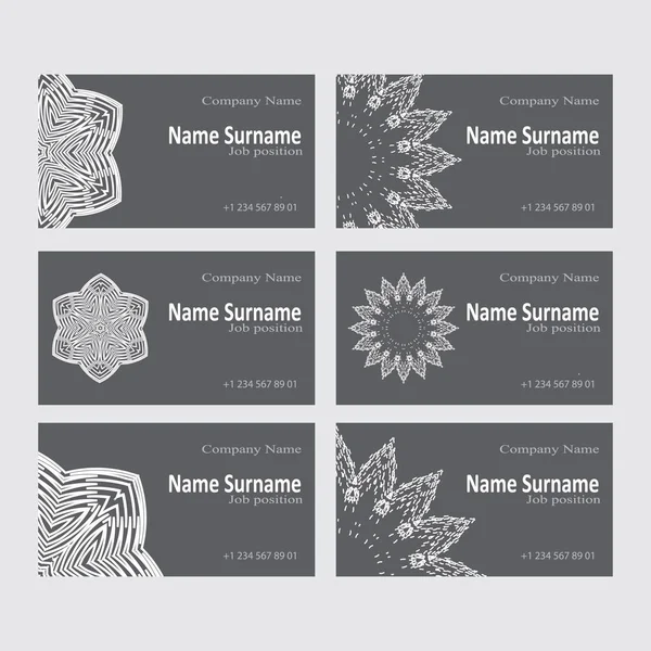 Kartvizit tasarım kümesi. 6 kartları etnik tarzda. Görüntü dairesel desen, stilize mandala.