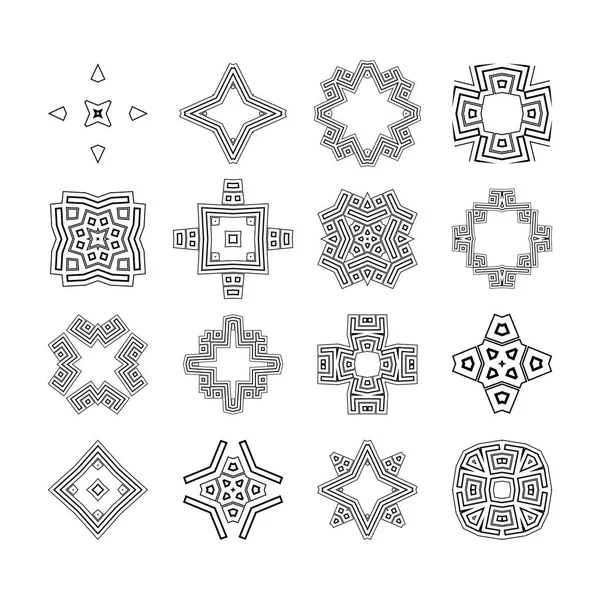 Készlet-ból csomót szimbólumokat, geometriai design díszítő elemek, mintás körökben. Sötét és fehér, vektoros illusztráció. — Stock Vector