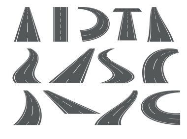 Yolu asfalt yol. Perspektif içinde kavisli öğeleri kümesi. Bükme yollar çizimler vektör.