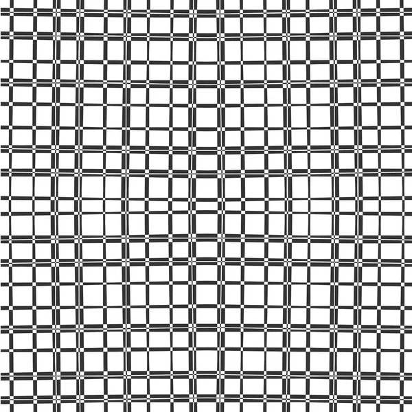 Vertikale und horizontale dünne Pinselbänder, schwarze und weiße Quadrate. modisches monochromes geometrisches nahtloses Karomuster. — Stockvektor