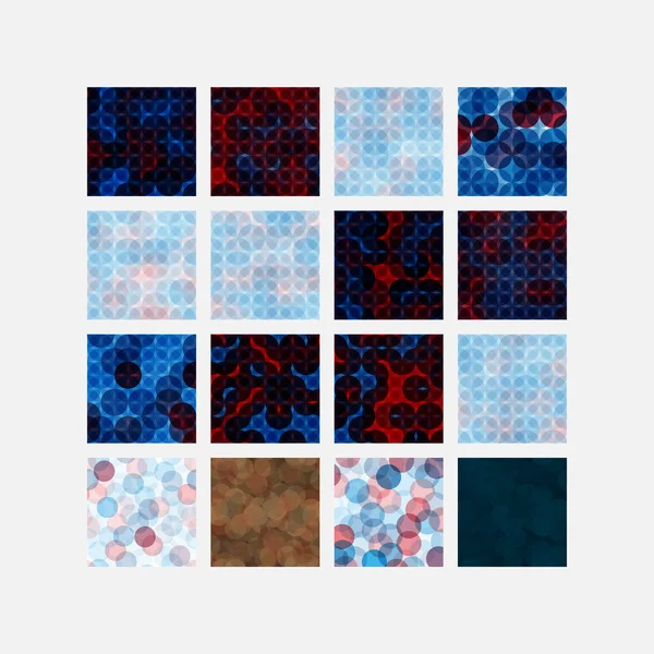 Un conjunto de dieciséis patrones sin costura de círculos dentro de las plazas de tonos azules, rojos, rosados y marrones, vector abstracto diseño de arte de color — Vector de stock