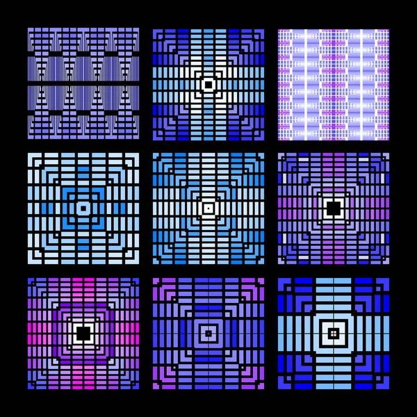 Conjunto de 9 patrones sin costura en azul. Dibujo geométrico de líneas y cuadrados — Archivo Imágenes Vectoriales