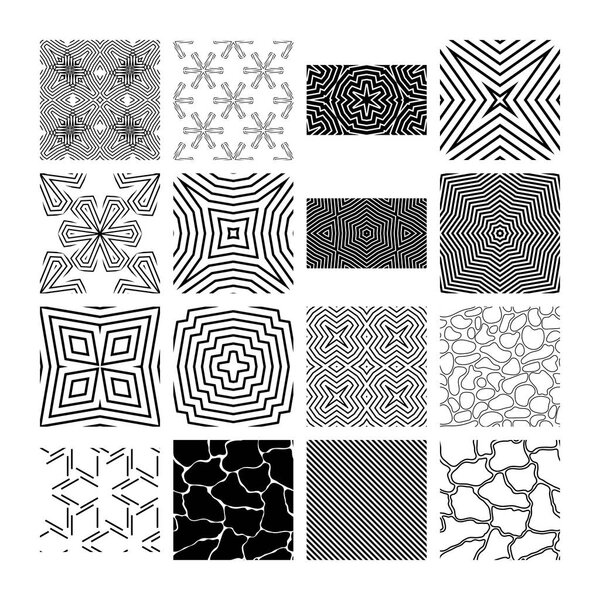 A set of complex monochrome vector geometric patterns.
