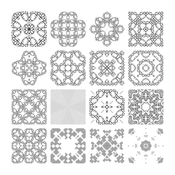 Um conjunto de complexos padrões geométricos vetoriais monocromáticos . — Vetor de Stock