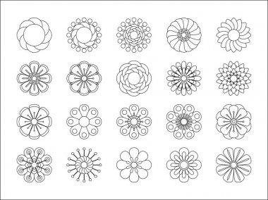 Monochrome floral icon set of 20 silhouette flowers Isolated on white background. Stylized summer or spring flowers, floral design elements. Vector illustration clipart